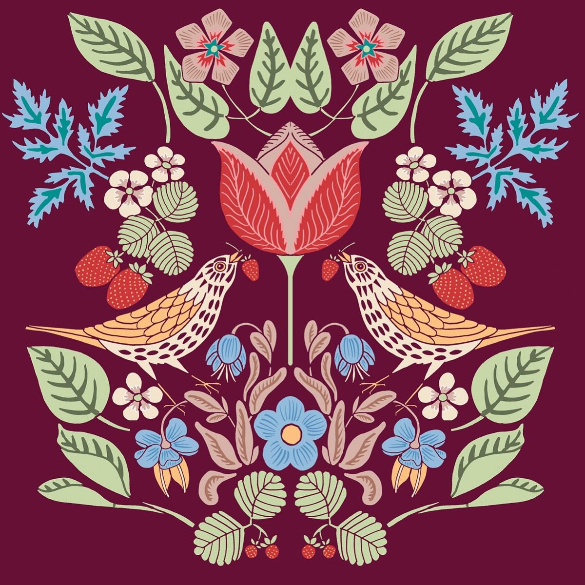 This week the prompt for @jehane_ltd Golden Thread design challenge is William Morris&rsquo;s iconic design The Strawberry Thief. Here is my interpretation based on a bunch of flowers from garden (and of-course some strawberries! ) created for the He