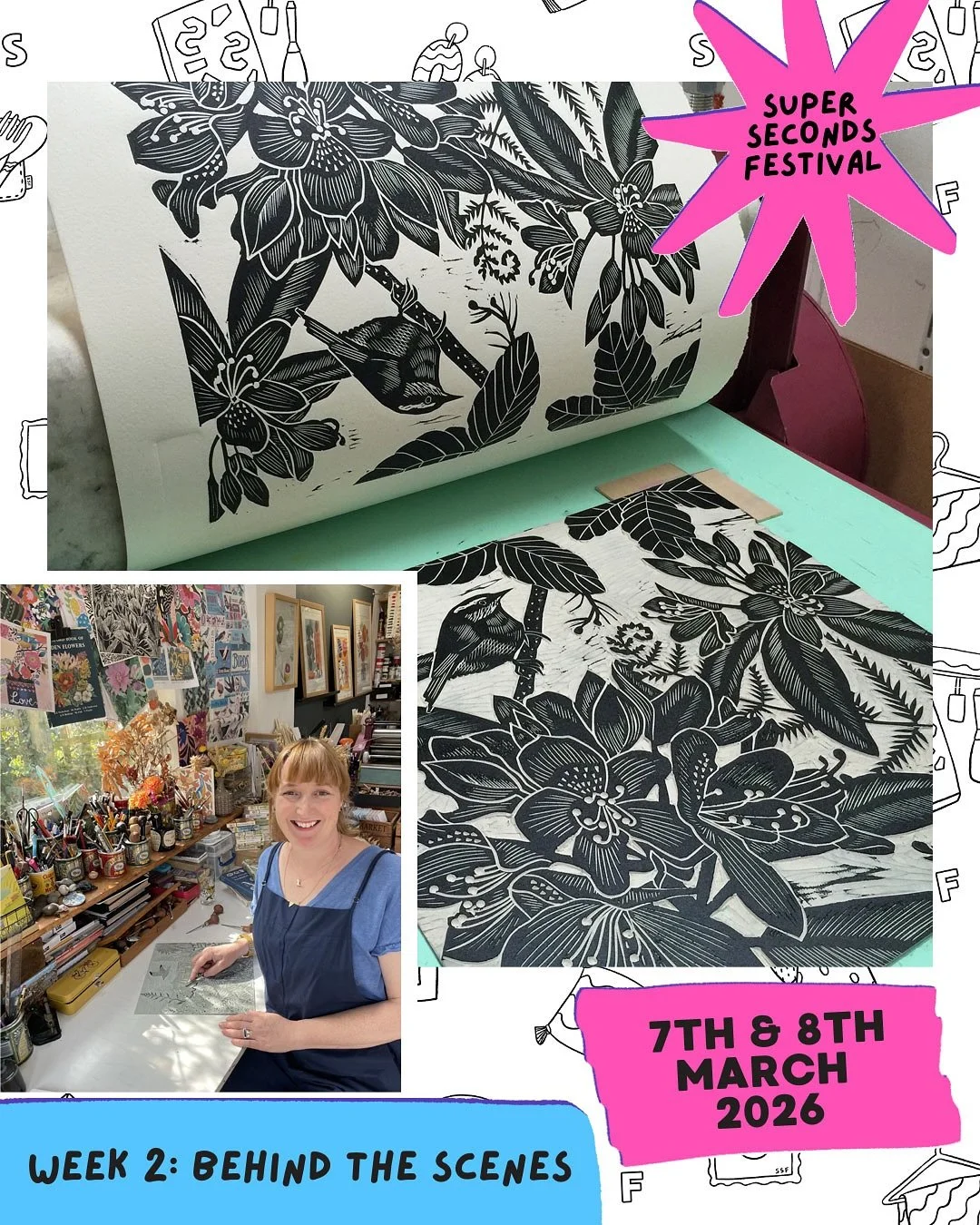 🌟Here is a little bit about my prints and what will be on offer during @supersecondsfestival .🌟I work from my studio in Hertfordshire, creating single-colour and multi-block linocut prints. Each print begins as a sheet of linoleum, carefully carved