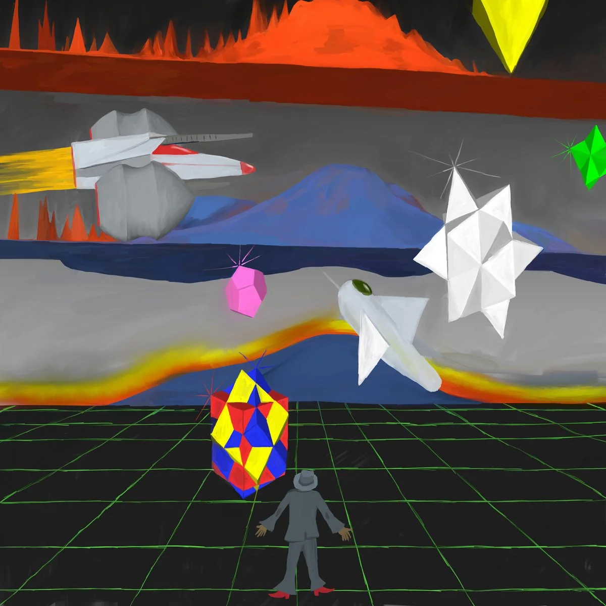 Portada del disco Kitasato de Remate. Un hombre con traje gris y zapatos rojos de espaldas, sobre un suelo con un patrón de cuadros, mira hacia un paisaje onírico donde vuelan cohetes y figuras geométricas. Obra del pintor Felipe Almendros.