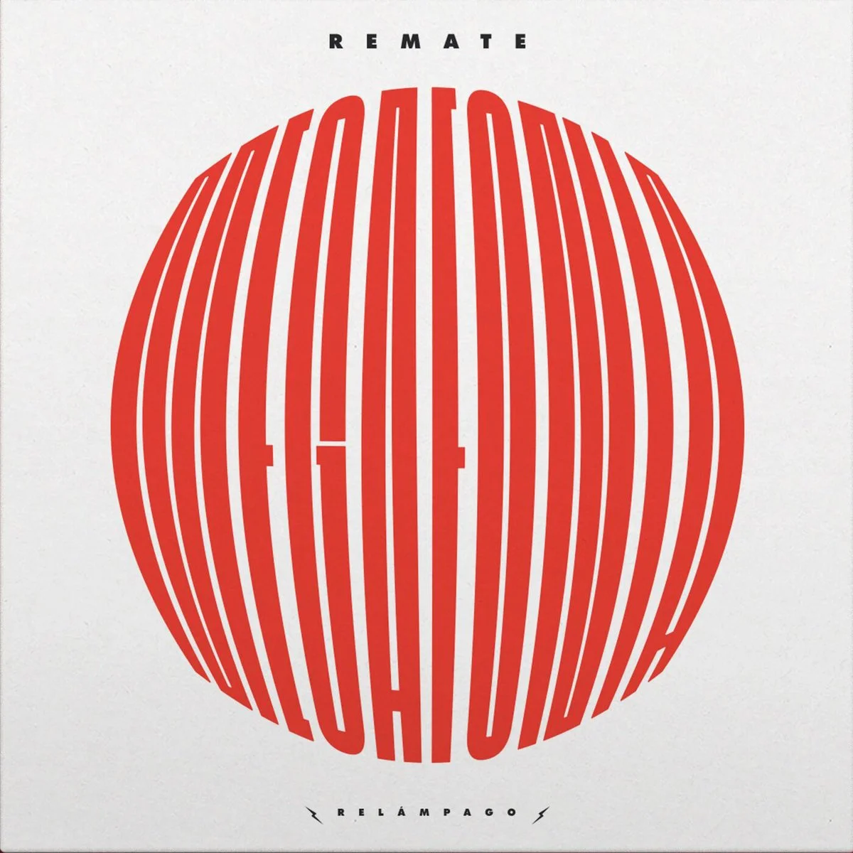 Portada del EP Megafonía de Remate. Una esfera con la palabra Megafonía en color rojo sobre fondo blanco con una tipografía que se adapta a la forma esférica. Obra del ilustrador Laszlo Kovacs.