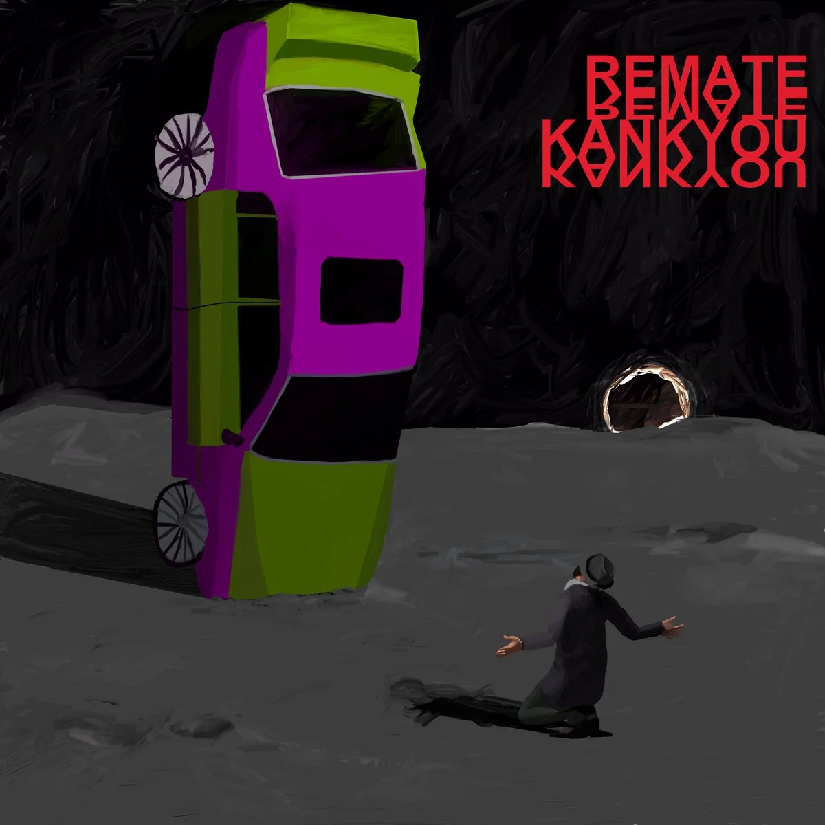 Portada del álbum de Remate Kankyou realizada por Felipe Almendros. Un hombre de rodillas ante un coche volcado, en un paisaje lunar, con un agujero negro al fondo.