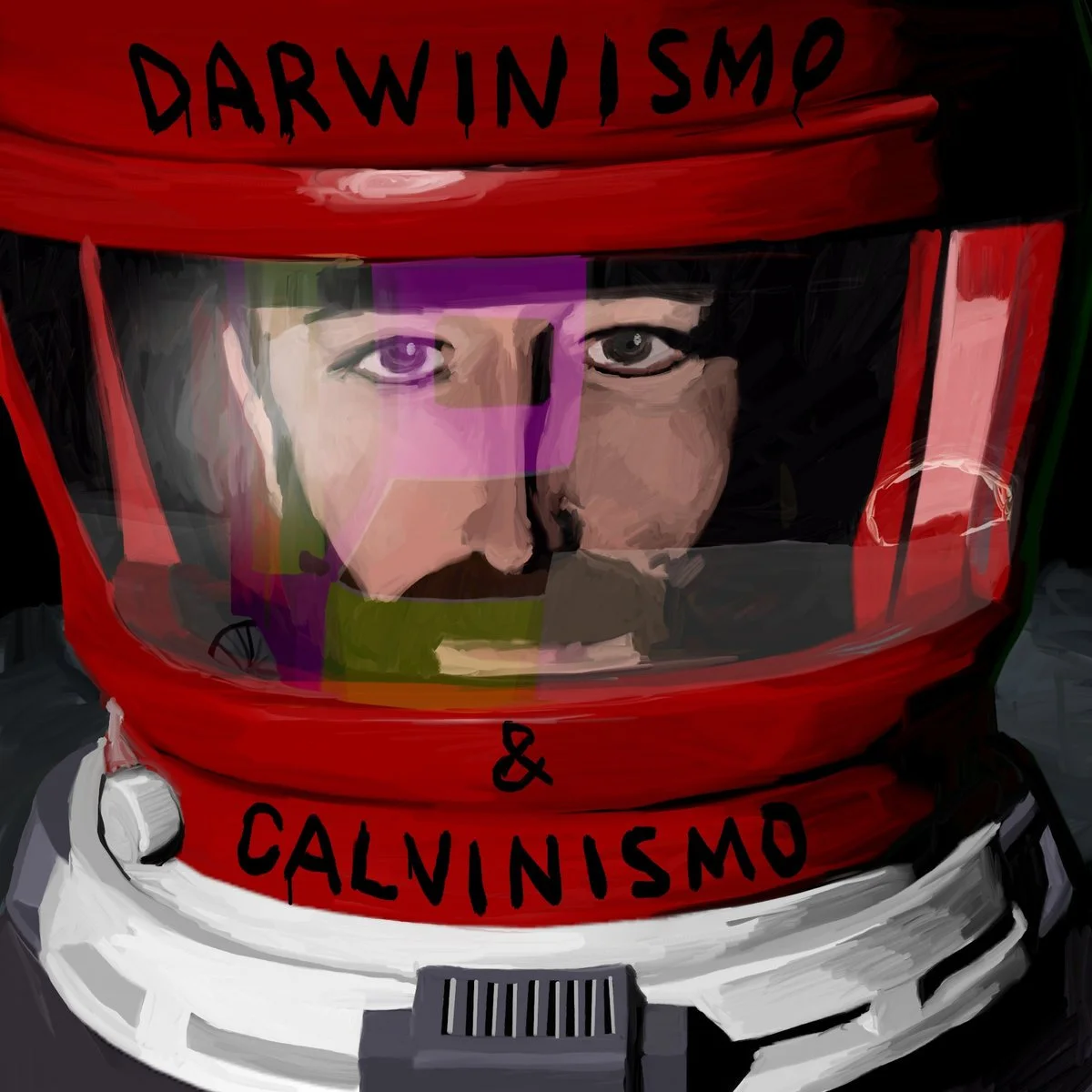 Portada de EP de Remate Darwinismo&Calvinismo. Primer plano de un hombre con barba bajo una escafandra, obra del pintor Felipe Almendros.