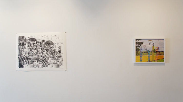 Installation view of Steve Prince's Salt of the Earth (2017,) (L) and Michelle Westmark Wingard, Allie Wingard, and Naomi Wingard's We Will Build Ladders 6 (2016,) (R)