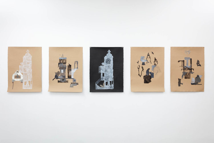Fanny Allié's Attached House, 2017, Veiled, 2018, Black Tower, 2018,  Dancing Shadows, 2018, and Heart-Angel, 2018 (Left-to-Right) 