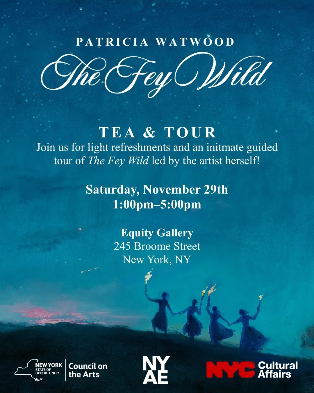 Join us tomorrow, Saturday, November 29, from 1:00pm&ndash;5:00pm for light refreshments and intimate guided tours of our current exhibition, &quot;The Fey Wild&quot;, led by artist Patricia Watwood.

Patricia Watwood, &quot;The Fey Wild&quot; is on 