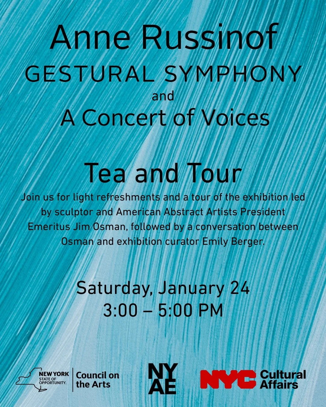 Please join us this Saturday, January 24, from 3:00 to 5:00 PM for a Tea and Tour of &ldquo;Gestural Symphony&rdquo; and &ldquo;A Concert of Voices&rdquo;! 

The afternoon will begin with a guided tour of the exhibitions led by sculptor and American 