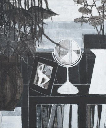 Catherine Lepp, "Bookcase, Mirror, Window, and Orchids"