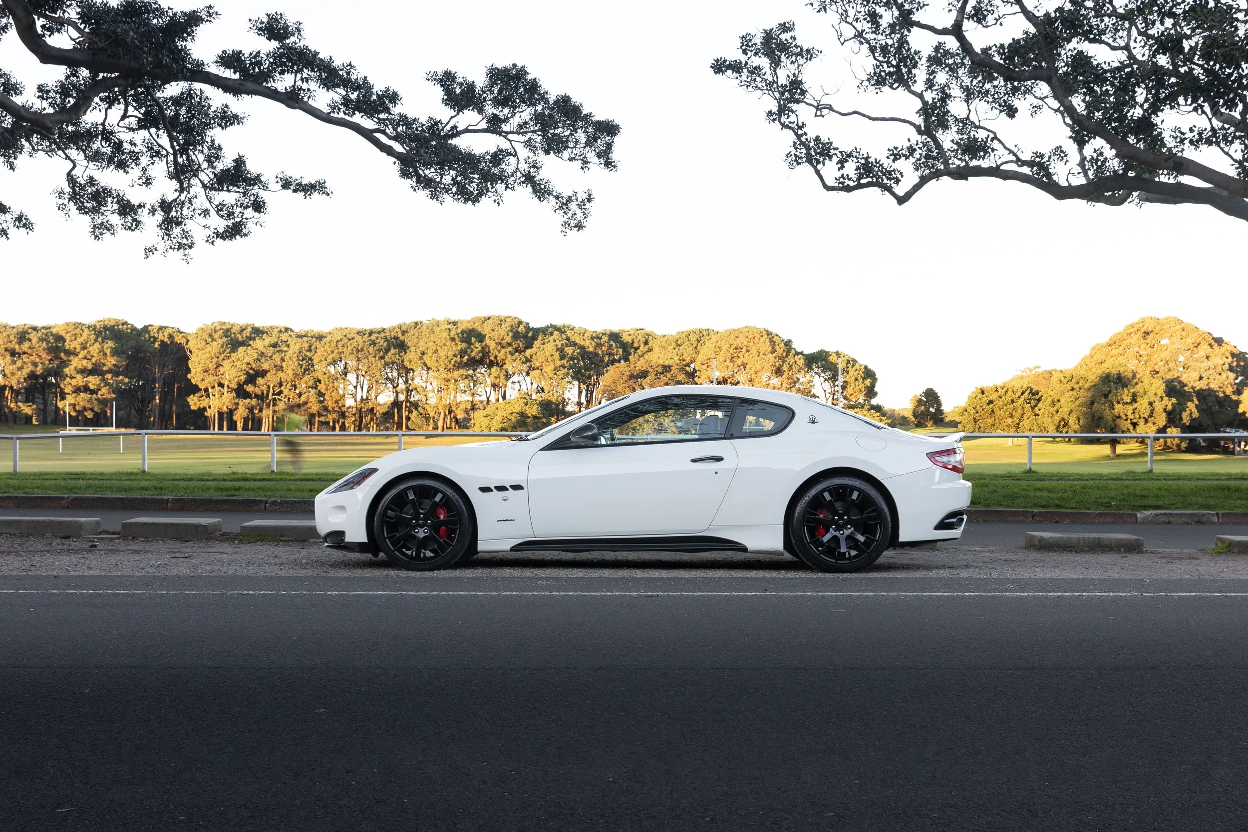 Maserati GranTurismo S side profile under overhanging trees, Sydney car photography gallery