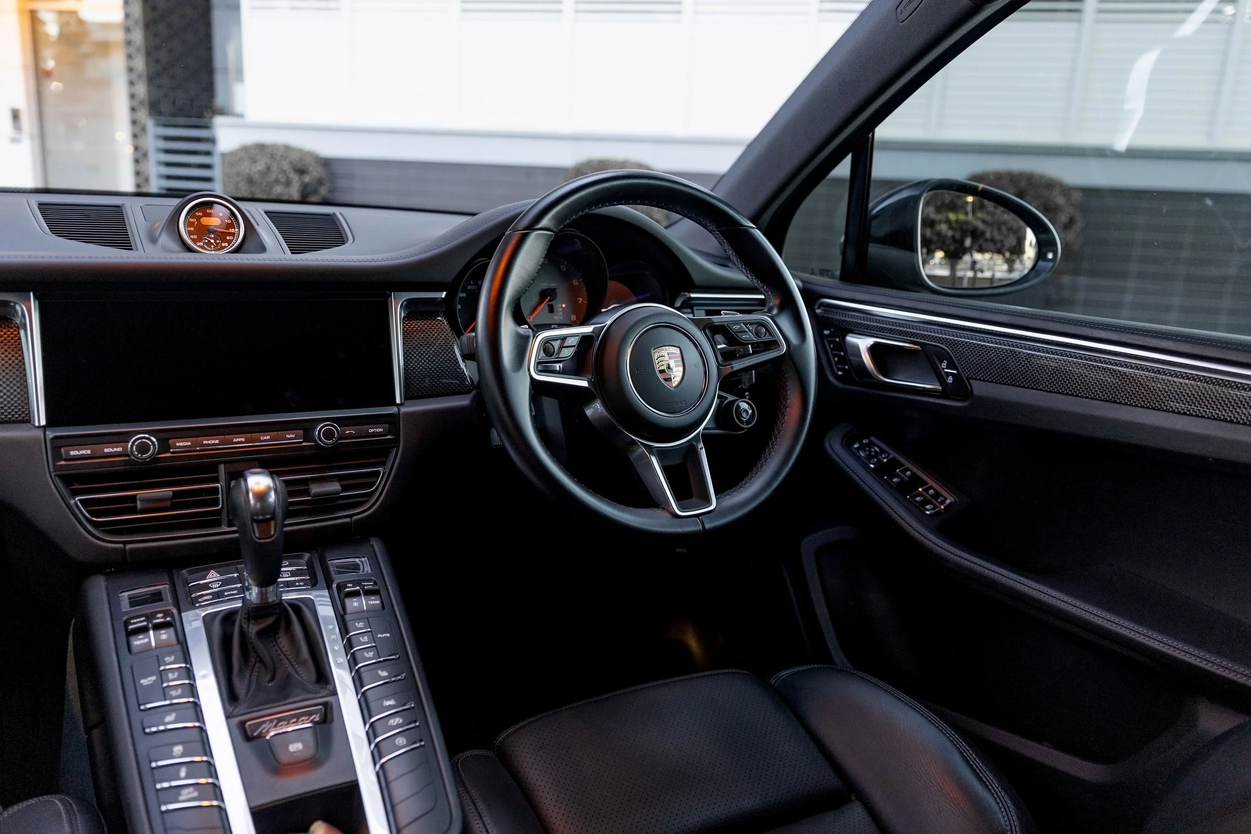 2019 Porsche Macan S centre console with PDK gear selector, Macan S script badge and Sport Chrono Package stopwatch