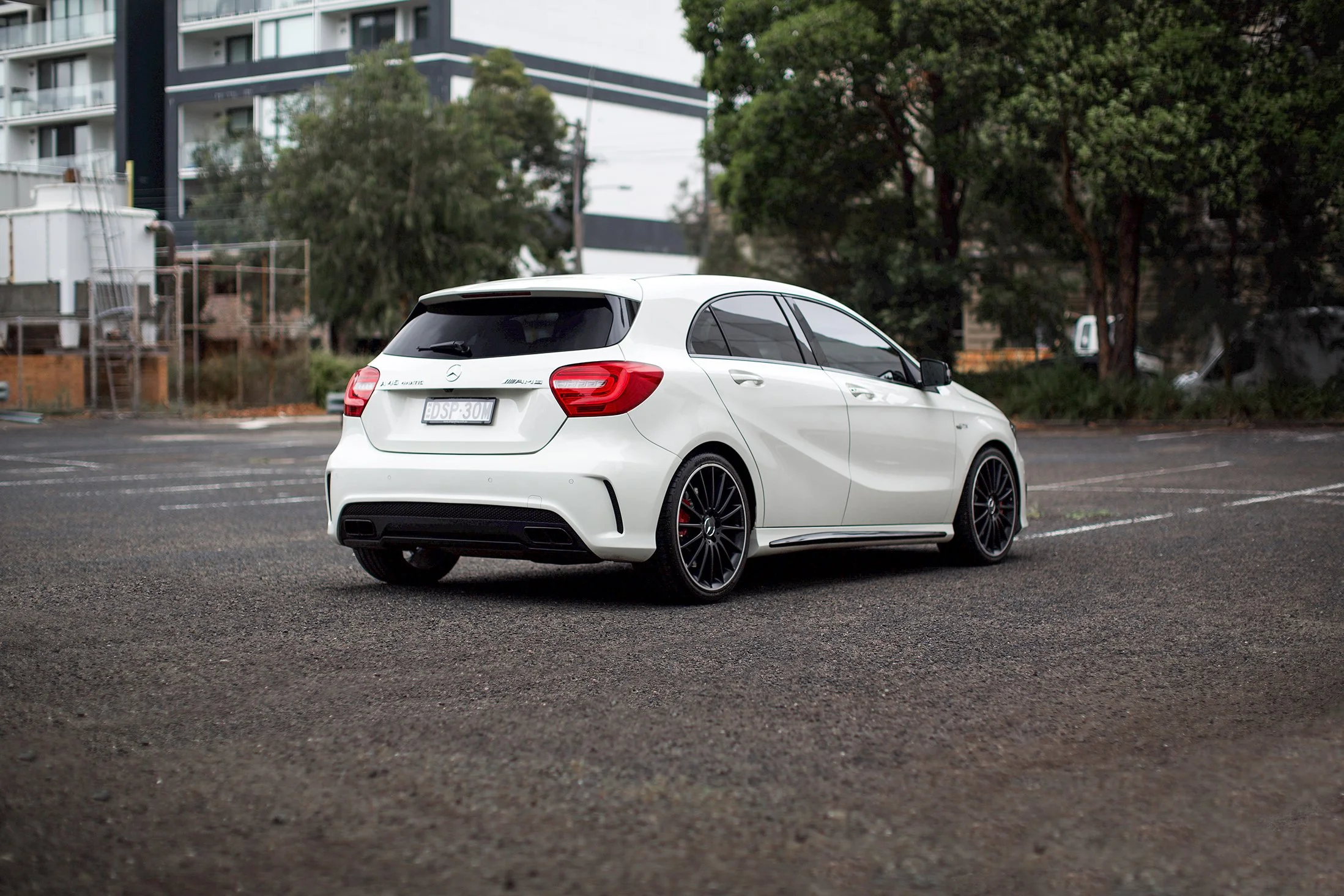 Polar white Mercedes A45 AMG rear right