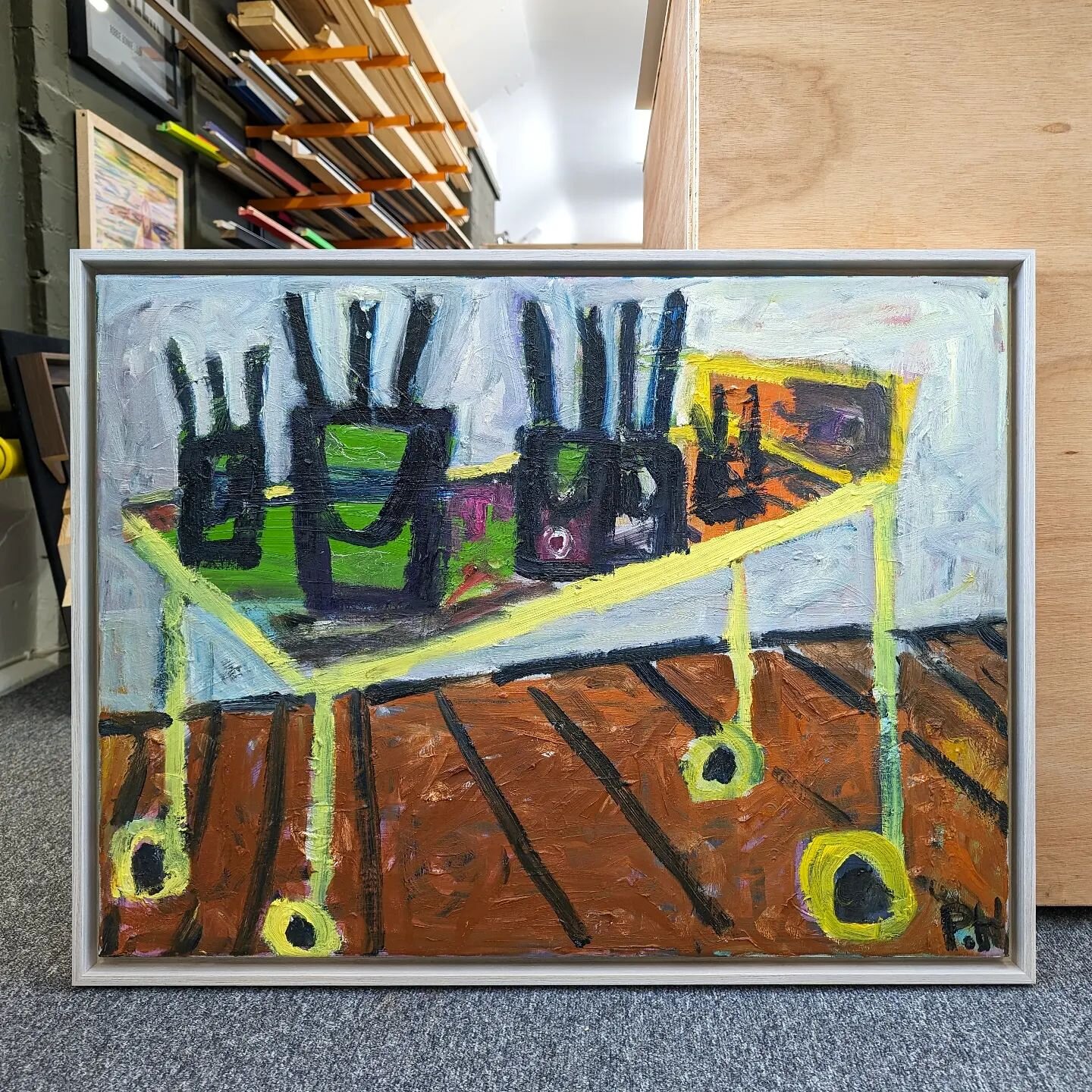 Nice to see this Paul Housley in for framing last week. This painting has a new Sheffield home after Paul's exhibition hosted by @thegoodshippresents at @yartspace.
.
Framed in a white washed oak veneer tray frame. 
.
#pictureframing #sheffieldpictur