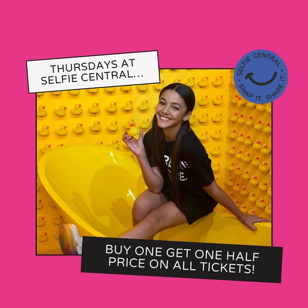 To celebrate Selfie Central now being open on Thursdays, we are offering you buy one get one half price on ALL online bookings! 🎉

Simply head over to our website, book your tickets for any Thursday and the discount will automatically apply at check