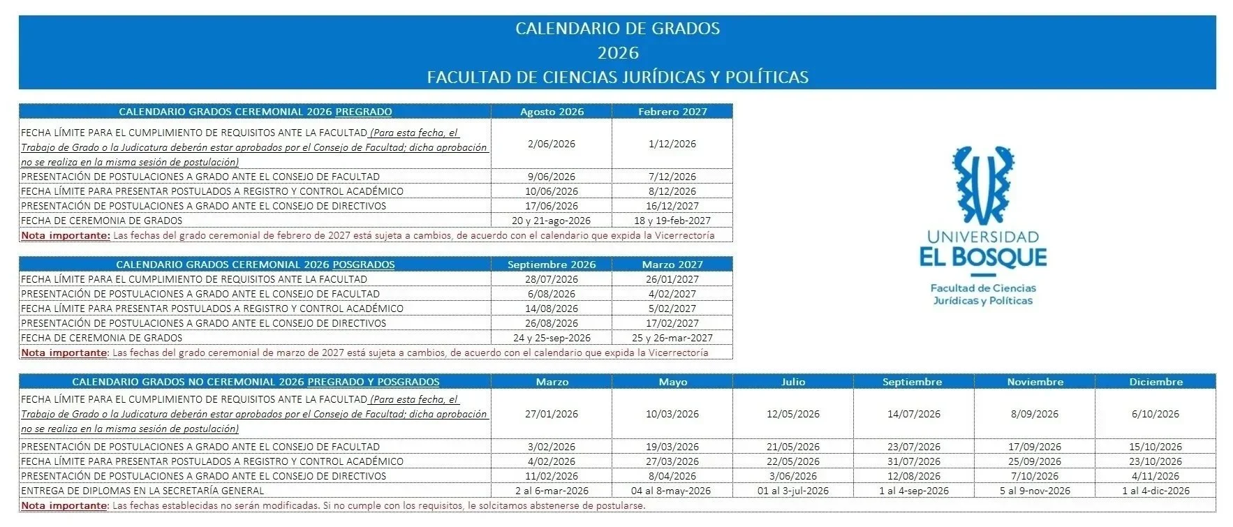 Calendario de grados 2026