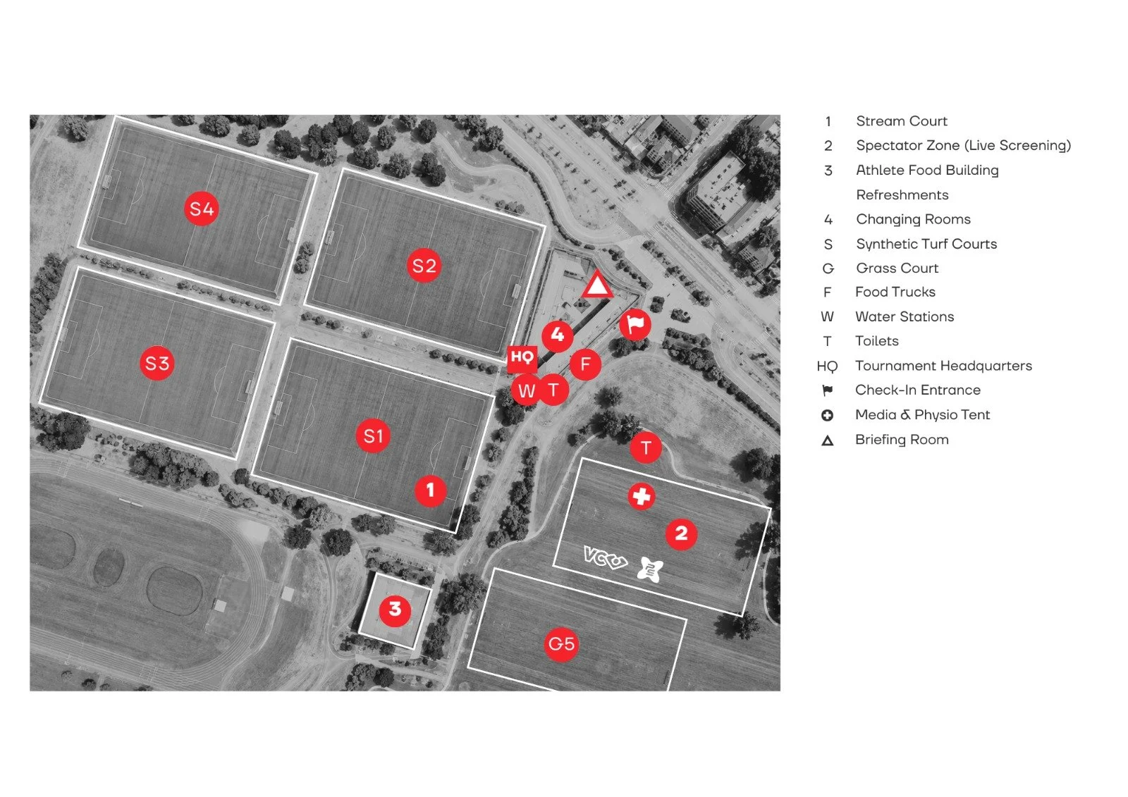 Map of a sports complex with various fields and facilities labeled. The map shows synthetic turf fields labeled S1 to S4, a grass court G5, a tennis court T, and a soccer field 3. Key amenities include a stream court, spectator zone, athlete food building, changing rooms, food trucks, water stations, toilets, tournament headquarters, check-in entrance, media and physio tent, and briefing room, marked with corresponding icons.