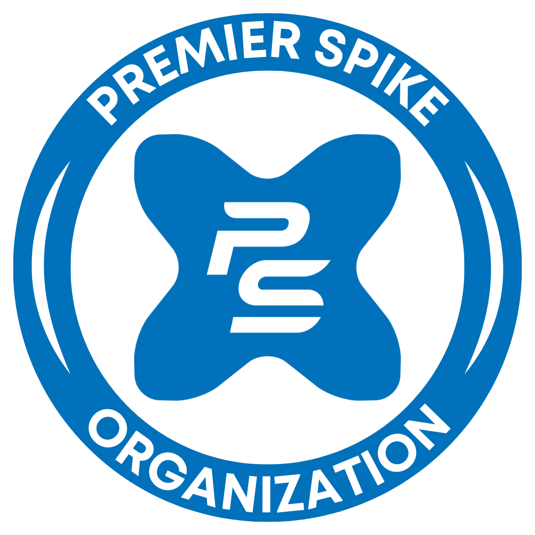 Logo of the Premier Spike Organization with a blue and white color scheme, featuring abstract butterfly shape and the text 'PREMIER SPIKE ORGANIZATION'.