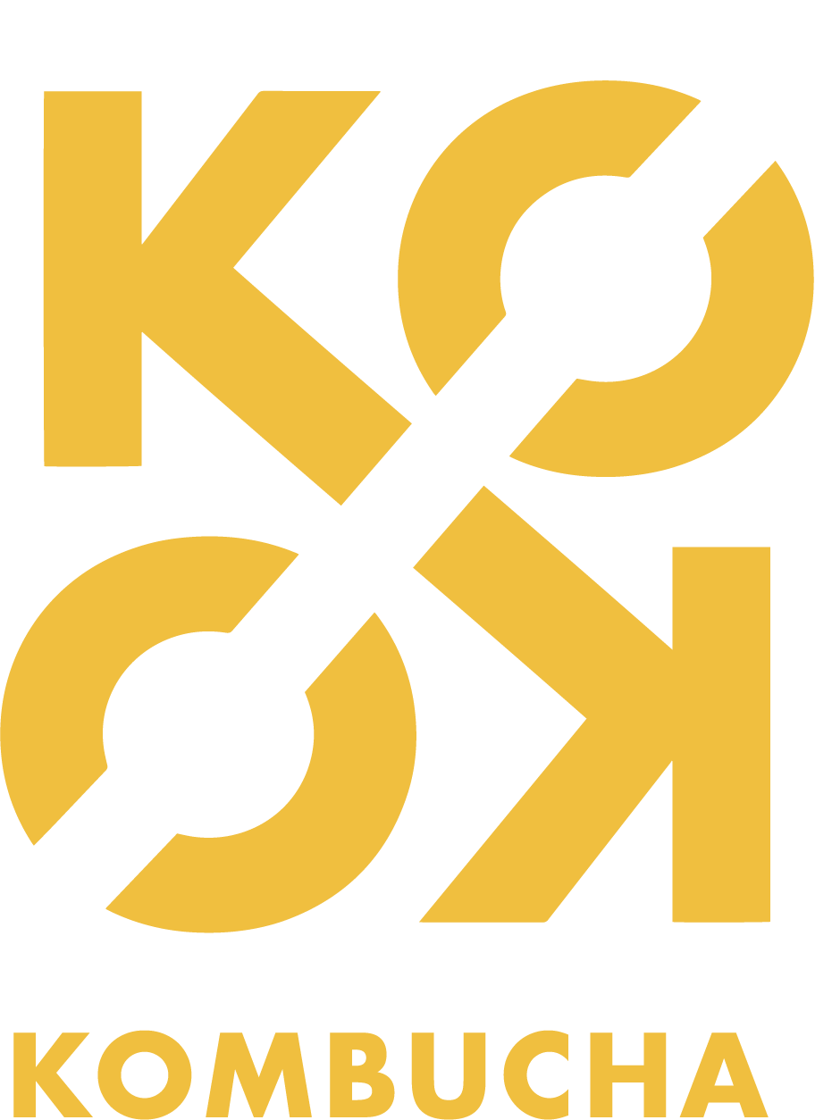KICK KOMBUCHA logo in black and yellow with the text 'KICK KOMBUCHA' underneath.