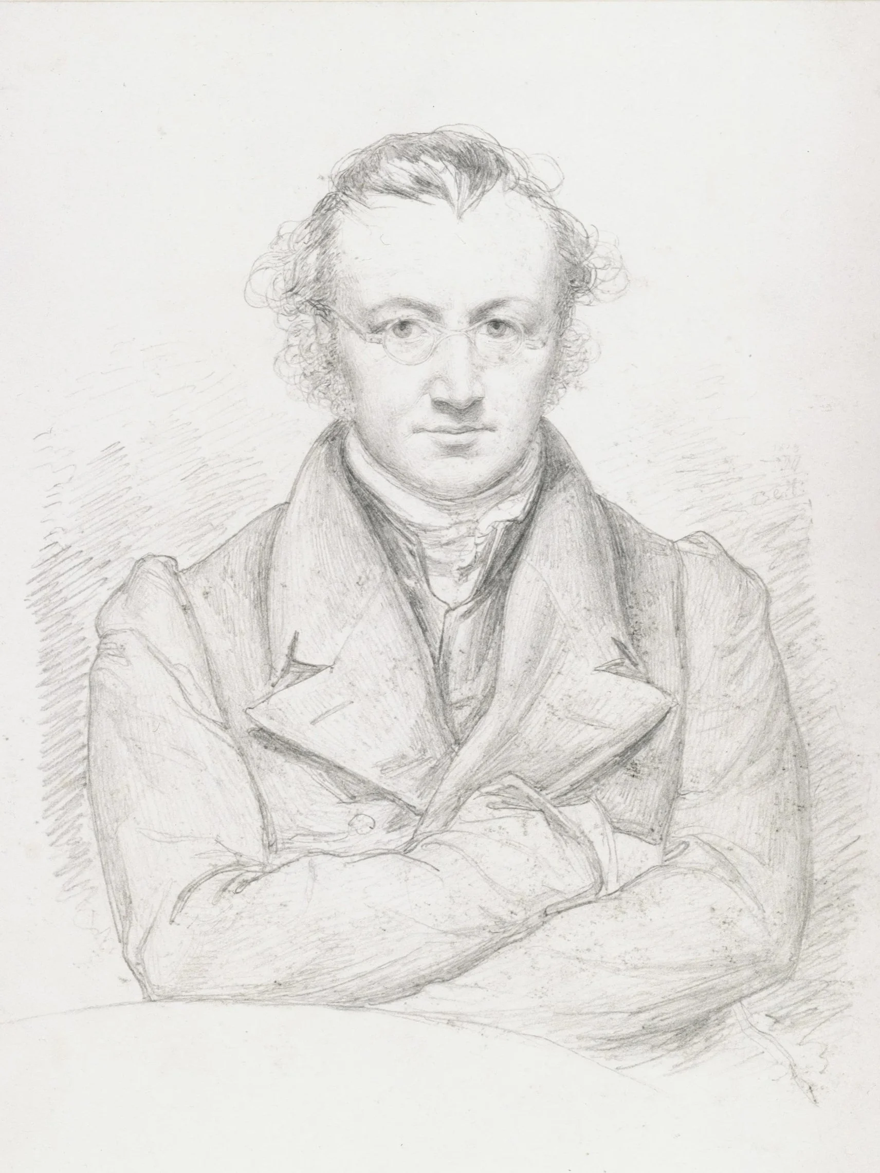 illustration of a balding man with tiny glasses and a nice coat, seated with arms crossed and looking at the viewer
