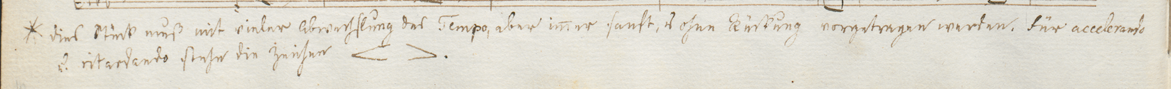 handwritten text: "* Dies Stück muß mit vieler Abwechslung des Tempo, aber immer sanft, u. ohne Rückung vorgetragen werden. Für accelerando u. ritardando stehn die Zeichen < >"
