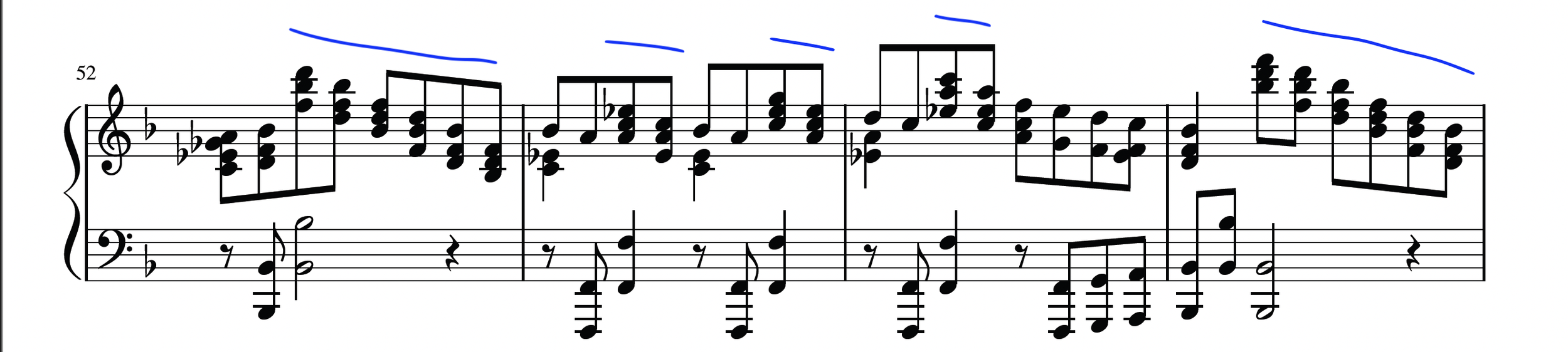 measures 52-55 with block chords descending in inversions and lines over each example
