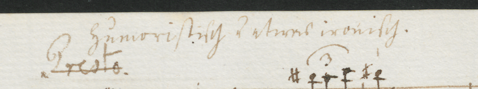 close up of handwritten text "humoristisch u etwas ironisch", below that is "presto" crossed out