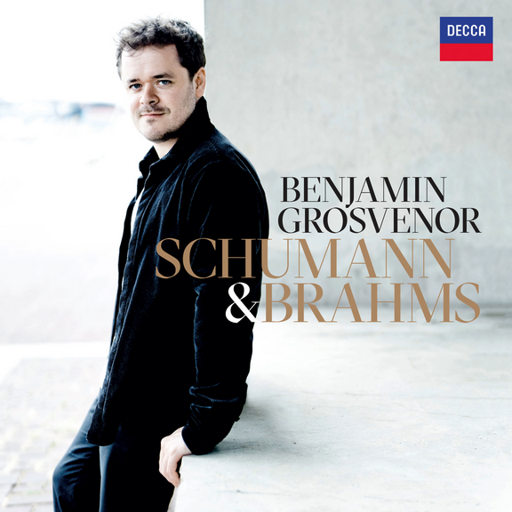 "Benjamin Grosvenor Schumann & Brahms" with Benjamin half sitting on a short wall