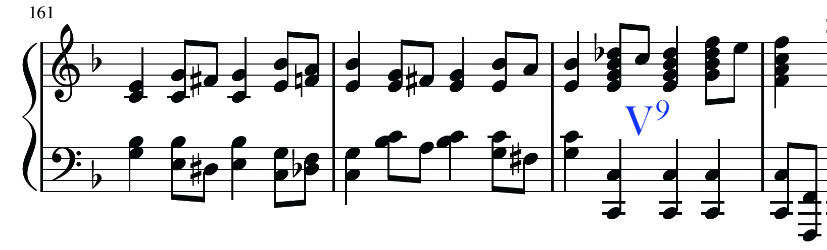 measures 161-163 with "V9" marking a dominant ninth chord on C