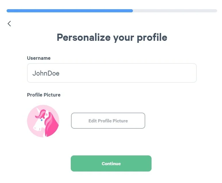 7. Sélectionnez un nom d'utilisateur. Veuillez en choisir un qui soit en rapport avec vos informations d'utilisateur actuelles, afin que nous sachions qui vous êtes. Sélectionnez ensuite une photo de profil. Vous pouvez en choisir une ou utiliser celle qui vous est proposée par défaut. Cliquez ensuite sur "Continuer".