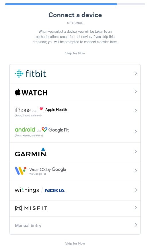 8. Connectez l'appareil que vous utilisez pour suivre votre progression. Si vous utilisez Strava, vous devez d'abord le relier à votre compte Apple Health ou Google Fit, puis connecter votre appareil comme indiqué dans cette étape.