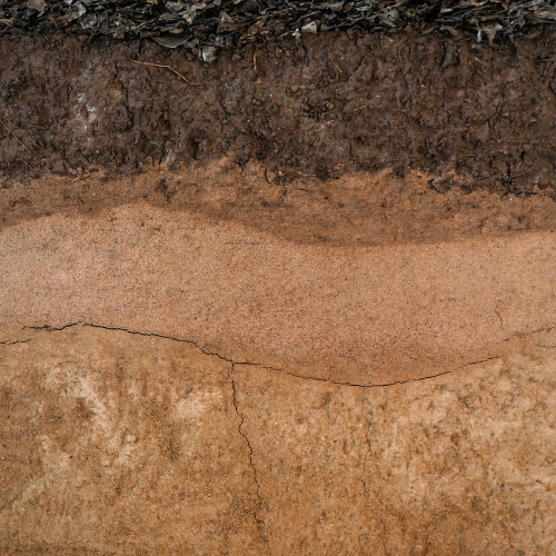 distinct layers of soil from dark brown on top followed by 3 lighter layers