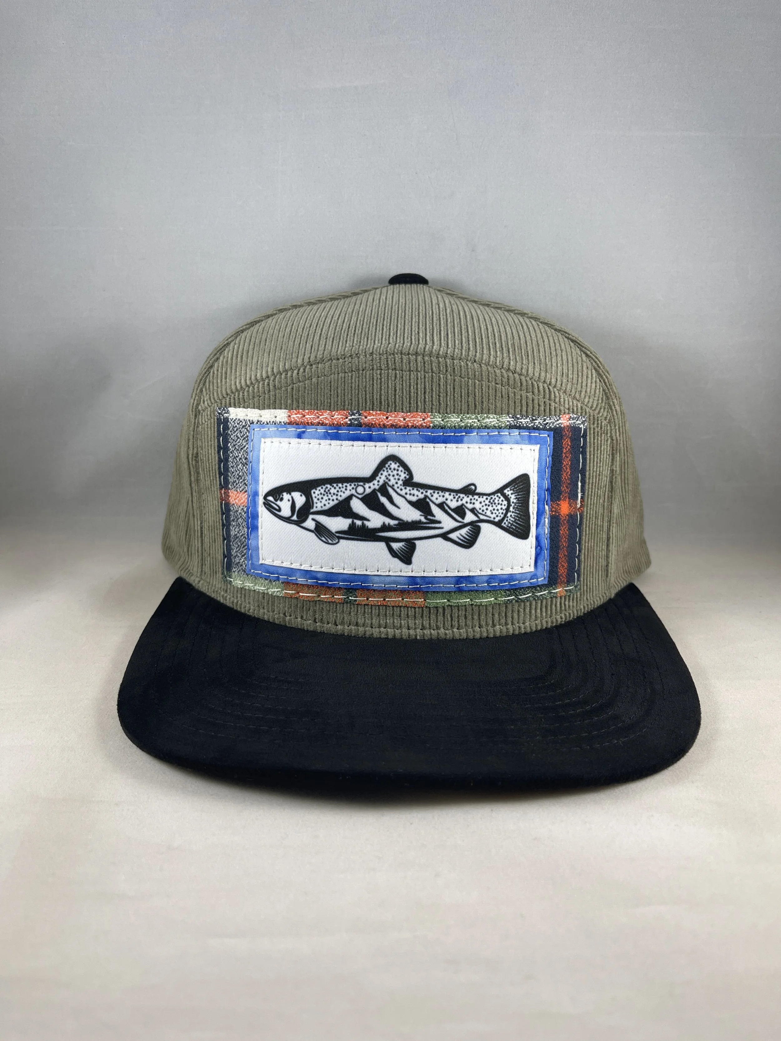 Olive Green Corduroy & Suede Fullback Hat - Mountain Trout Series