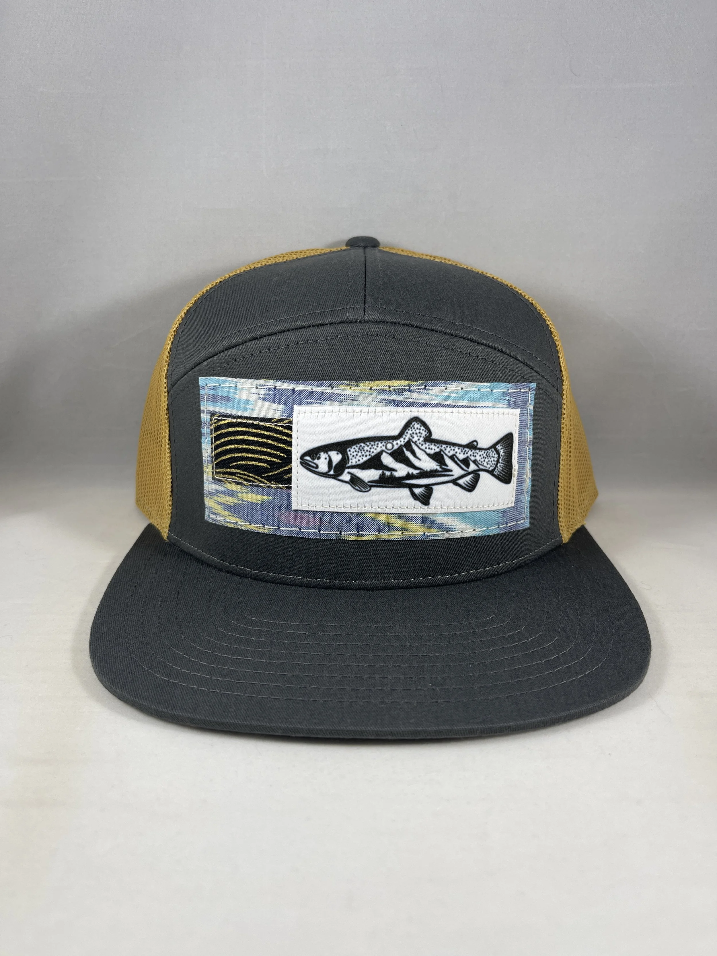 Gray and Gold 7 Panel Hat - Mountain Trout Series