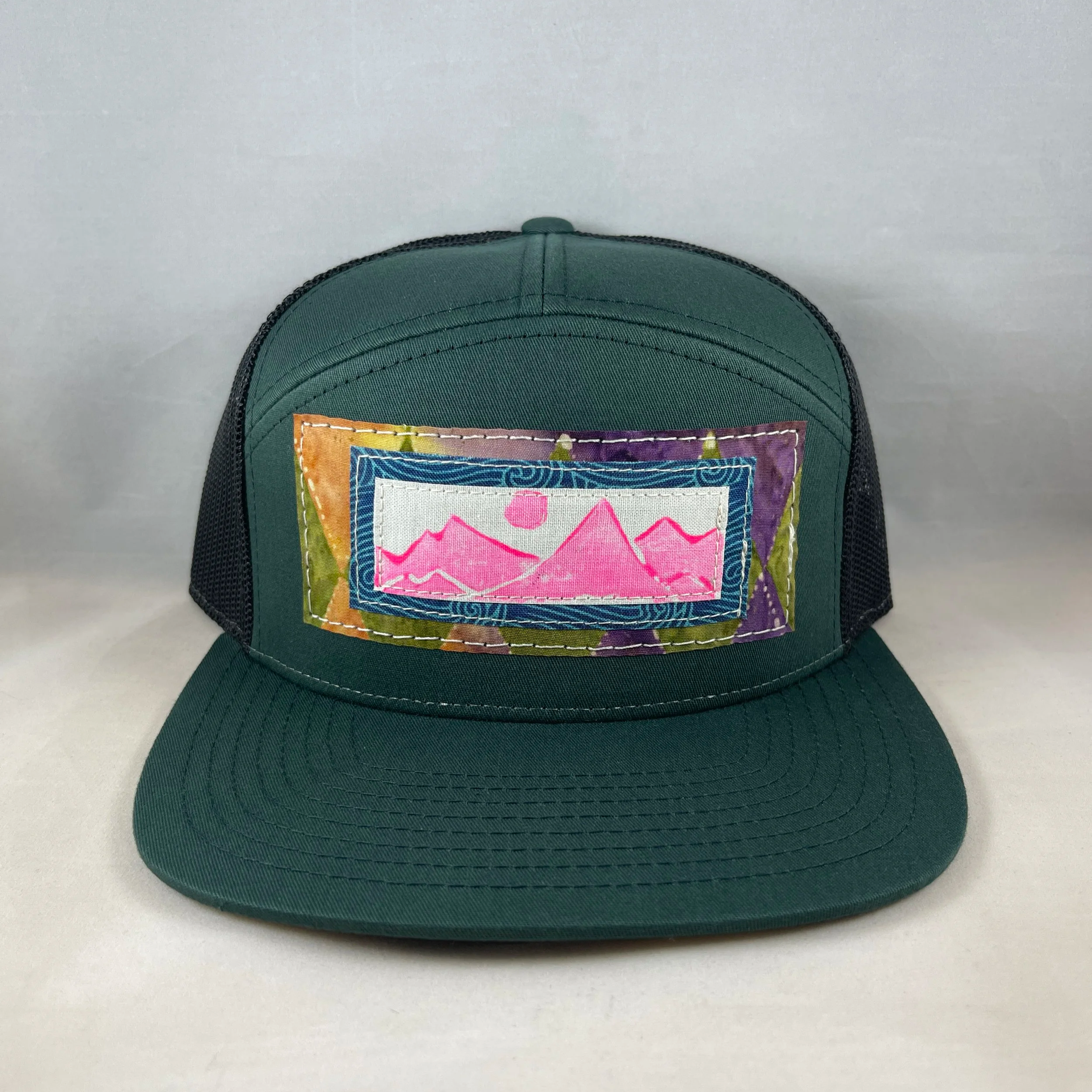 Hunter Green 7 Panel Hat - Glow in the Dark Lino Stamp Mountain Series
