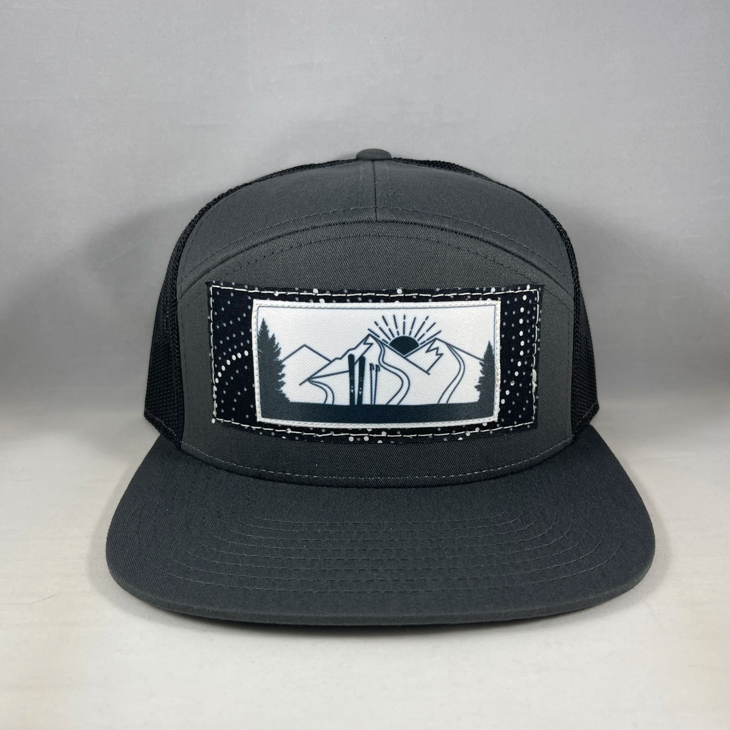 Gray and Black 7 Panel Hat - Monocromatic Winter Ski Series