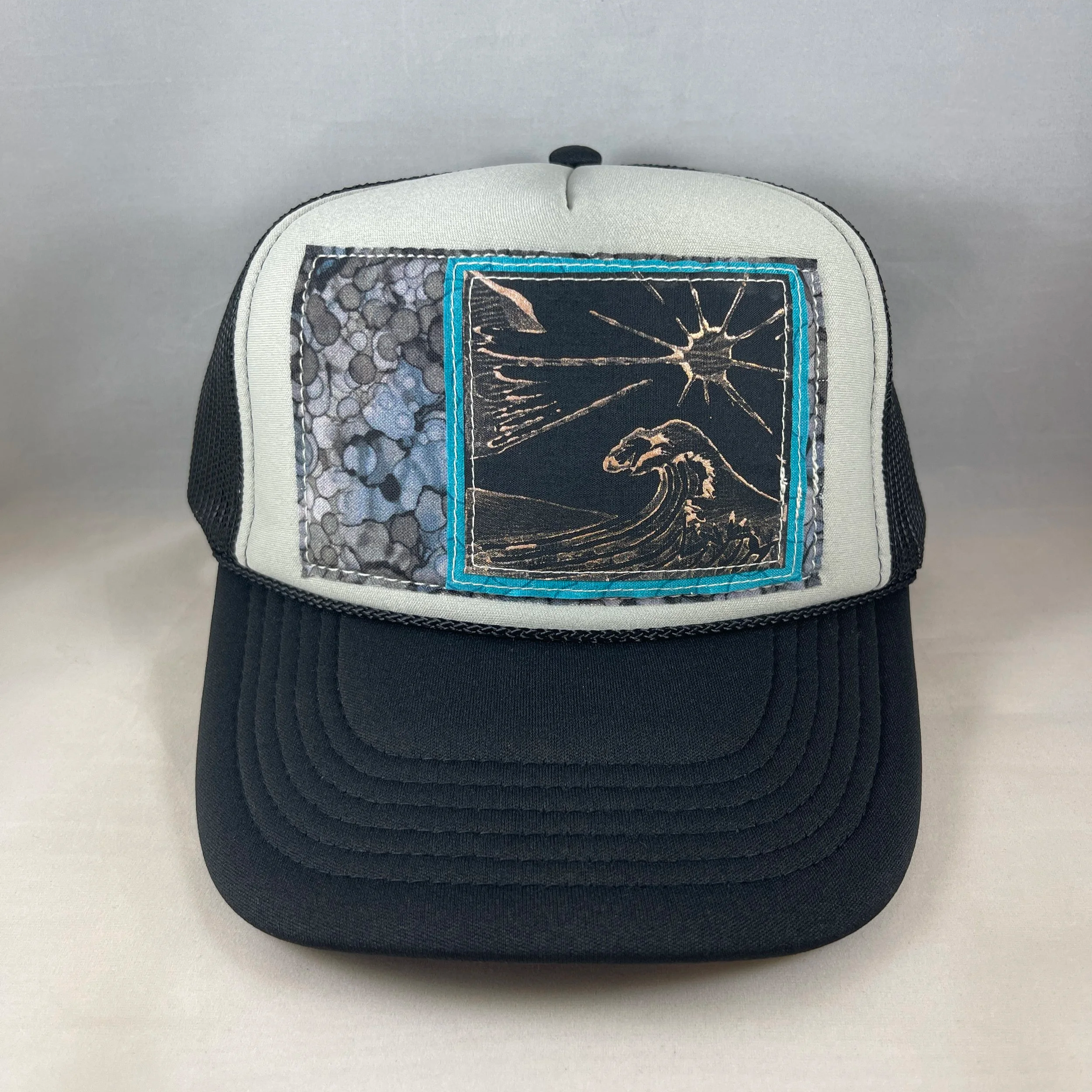 Black and Gray Trucker Hat - Lino Stamped Wave Series