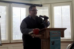 Dr. Hall beginning the craft talk with an introduction to the speaker.
Kathryn Bedard