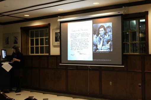 Curator of Manuscripts at the Smithsonian, Mary Savig, lectured in Hynson Hall on the connection between artist's handwriting, and their art styles.