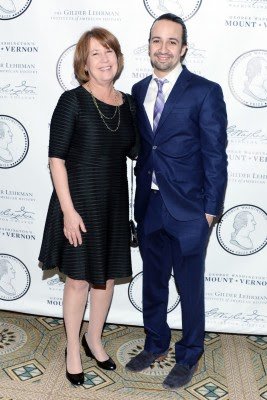 President of Washington College Sheila Bair poses Lin-Manuel Miranda.