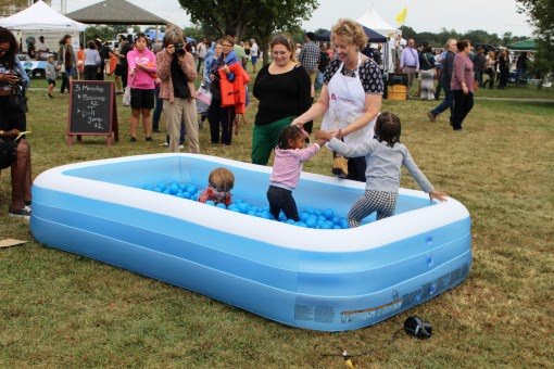 Children play in a ball pit.