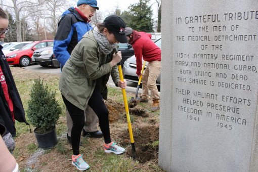 Students plant new shrubs surrounding the memorial monolith in front of the Armory.
