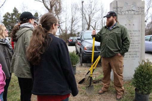 Gabe Funke '17 prepares to help a group of students plant new trees & shrubs.