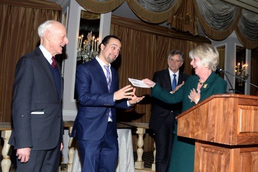 Lewis Lehrman, H. Lawrence Culp, Jr. and Barbara Lucas present Lin-Manuel Miranda with the Prize.