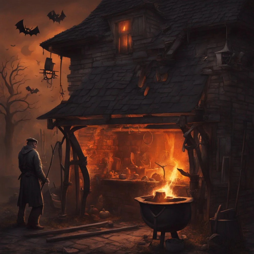 spooky forge at night with bats in the sky