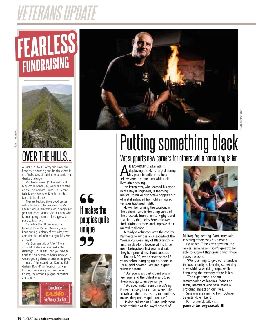Magazine article titled 'Putting something black' detailing an ex-army blacksmith supporting veterans with new careers. Includes a photo of a man sitting in front of a forge.
