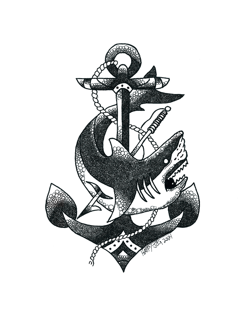 happy jcg art, shark, tattoo, anchor, pen, ink
