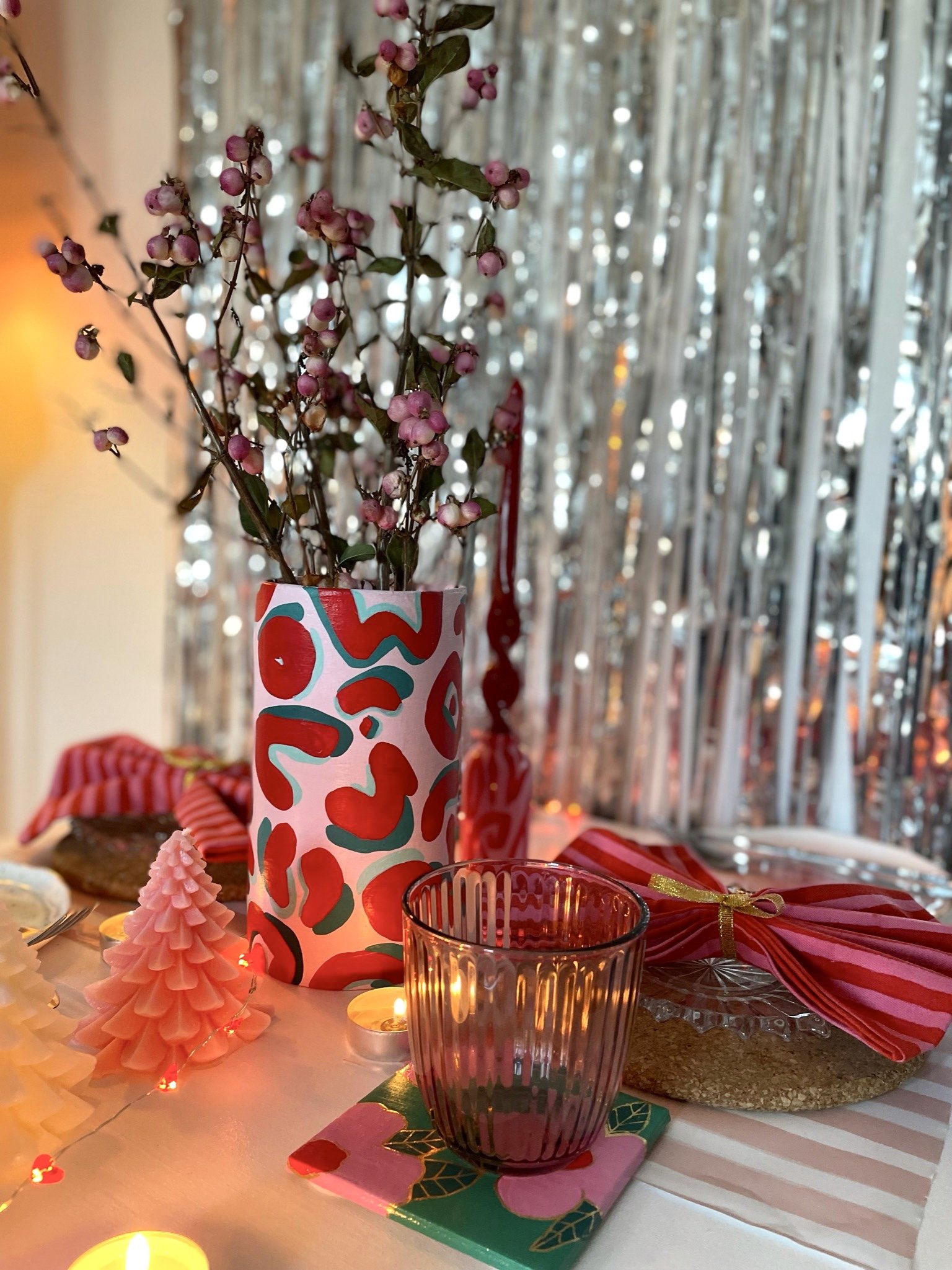 festive tablescape with leopard print vase
