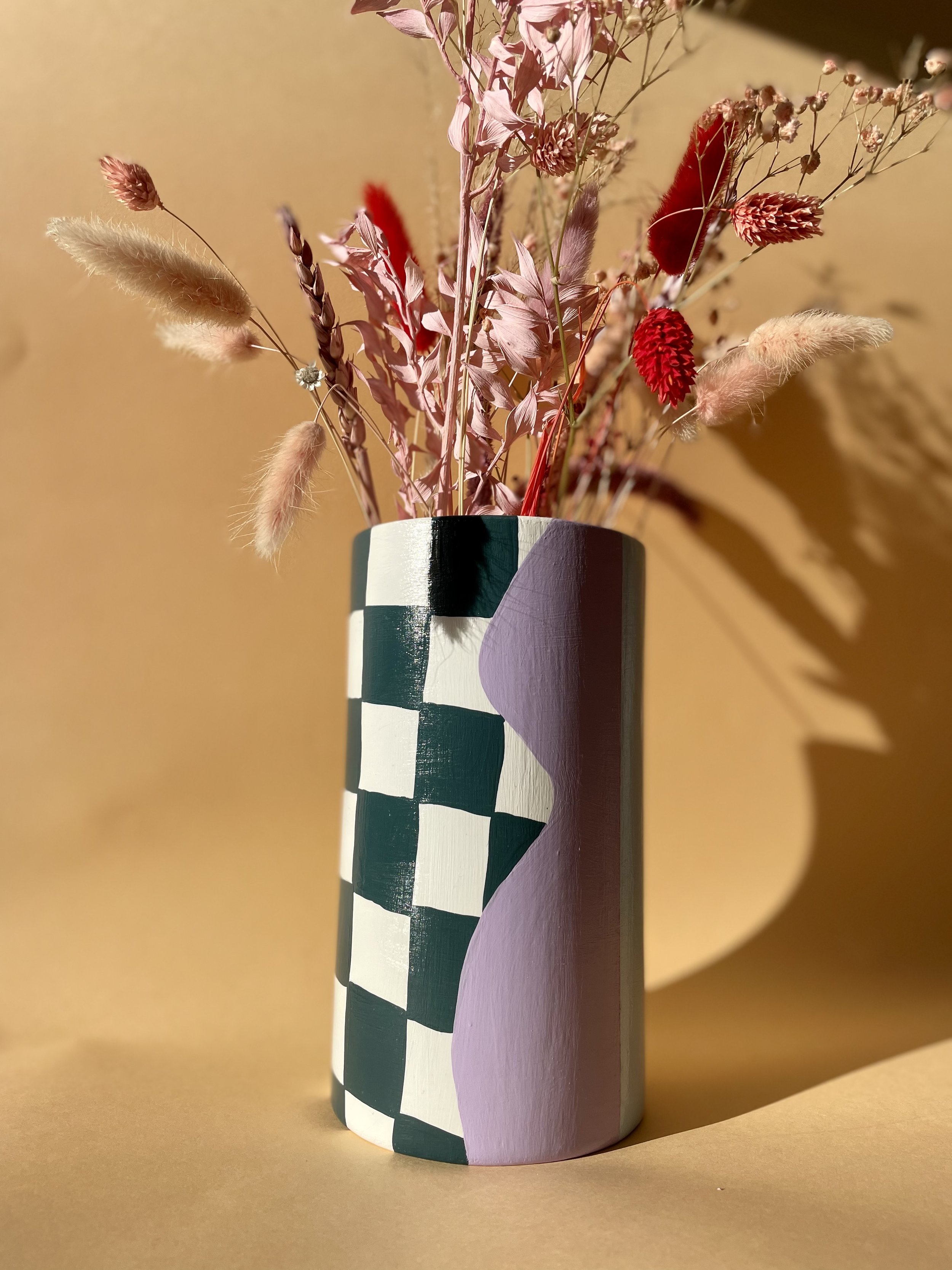 green and lilac checkerboard print vase