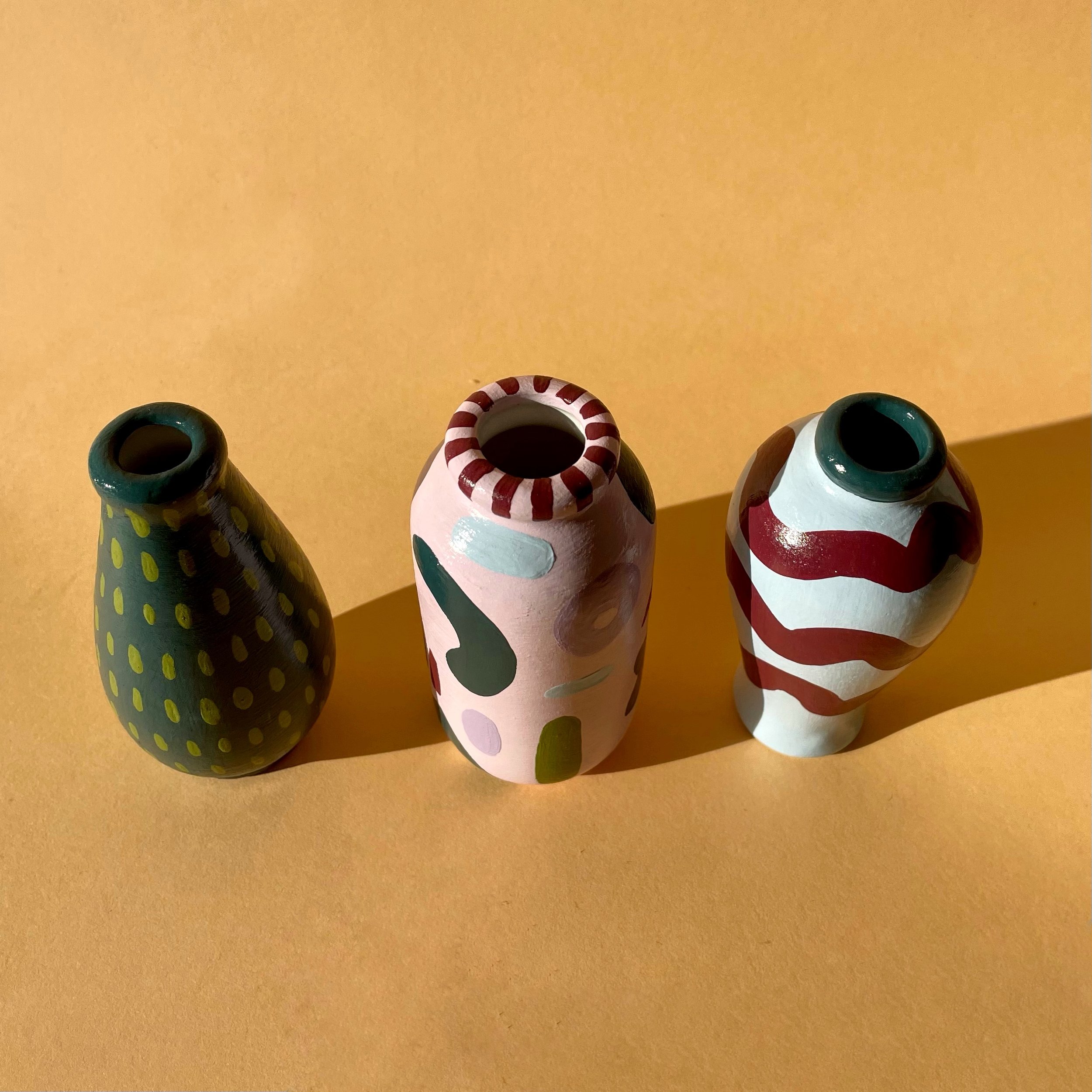 birds eye display of stem vases
