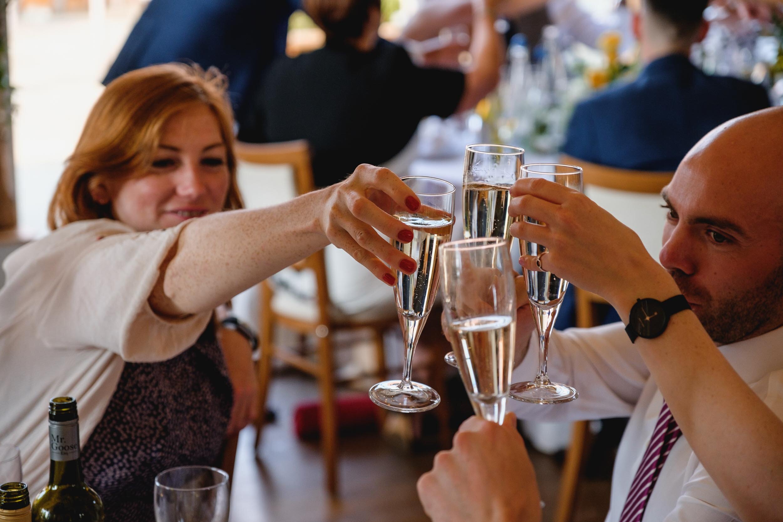 wedding guests raising their glasses and saying cheers
