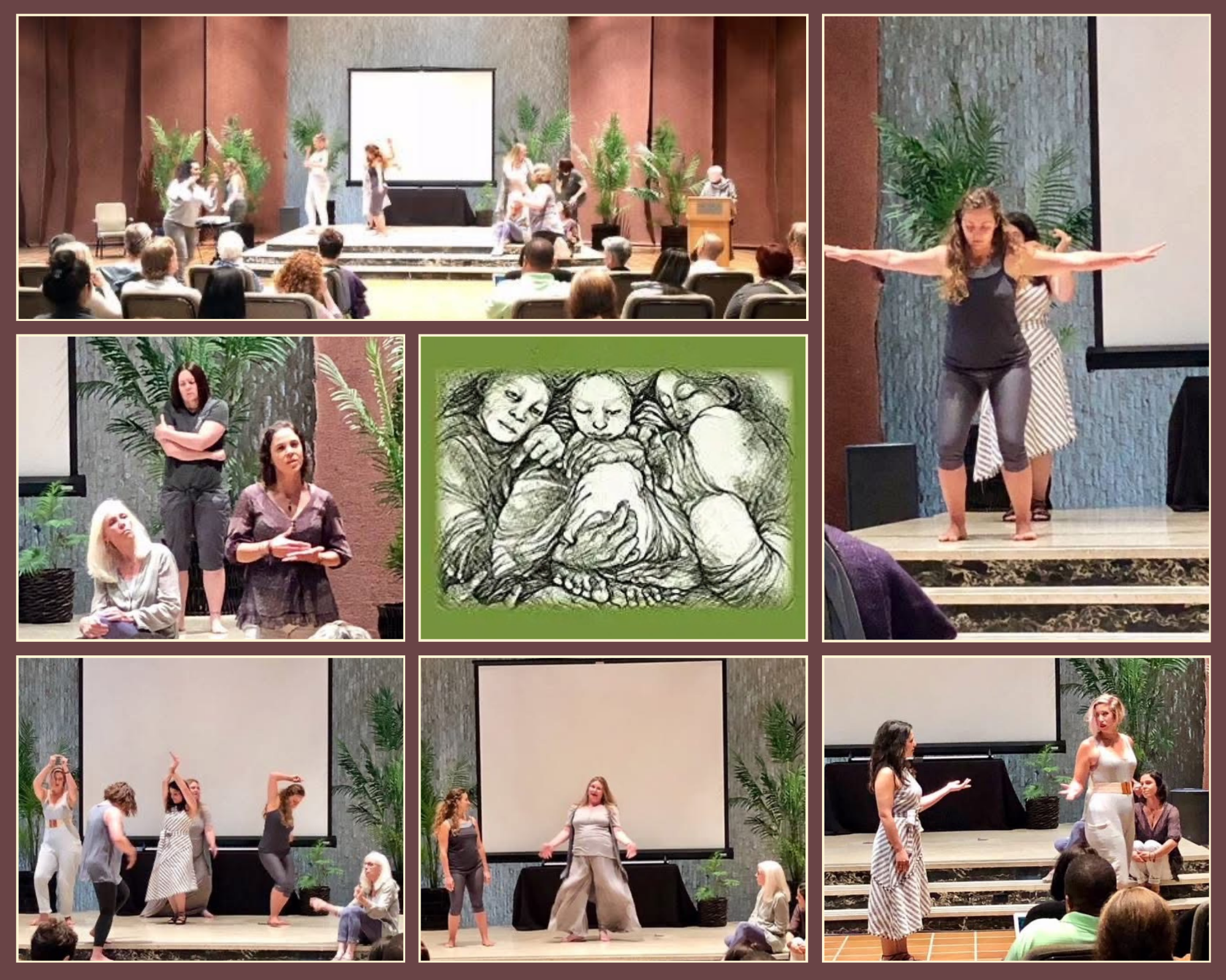 A group of women performing a dance on stage in an indoor setting with an audience watching, surrounded by potted plants and a large screen.