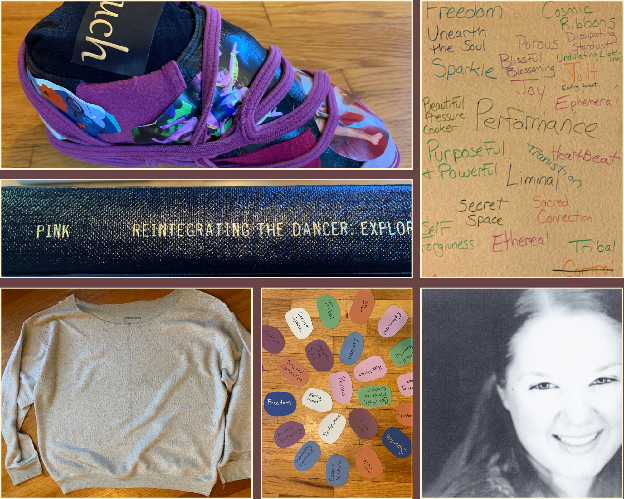 A collage of images including a pair of colorful sneakers on a wooden surface, a black textured item with gold lettering, a beige sweater, colorful paper cutouts with words like 'Freedom,' 'Performance,' 'Sacred Connection,' and 'Self,' and a close-up of a person's face with part of their eye visible.